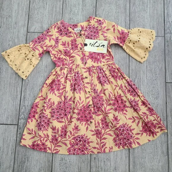 Utsa Kids Yellow Pink Floral Eyelet Bell Sleeve Dress 2Y NWT - Picture 1 of 8